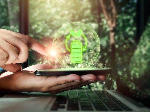 <span class="caption">Technology companies need to tackle data-related emissions, not just electronic waste.</span> <span class="attribution"><a class="link " href="https://www.shutterstock.com/image-photo/renewable-energy-wireless-battery-charging-icon-2070875639" rel="nofollow noopener" target="_blank" data-ylk="slk:tete_escape / Shutterstock;elm:context_link;itc:0;sec:content-canvas">tete_escape / Shutterstock</a></span>