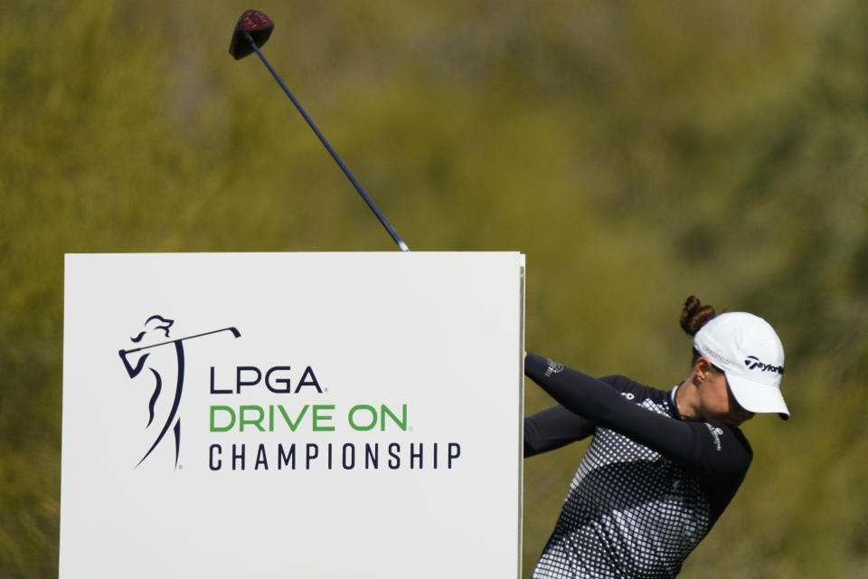 Ester Henseleit, of Germany, hit from the 15th tee during the first round of the Drive On Championship golf tournament, Thursday, March 23, 2023, in Gold Canyon, Ariz. (AP Photo/Matt York)