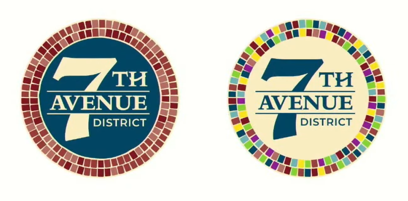 A slide from the presentation given by Arnett Muldrow & Associates about the newly unveiled Seventh Avenue branding showing medallion logos.