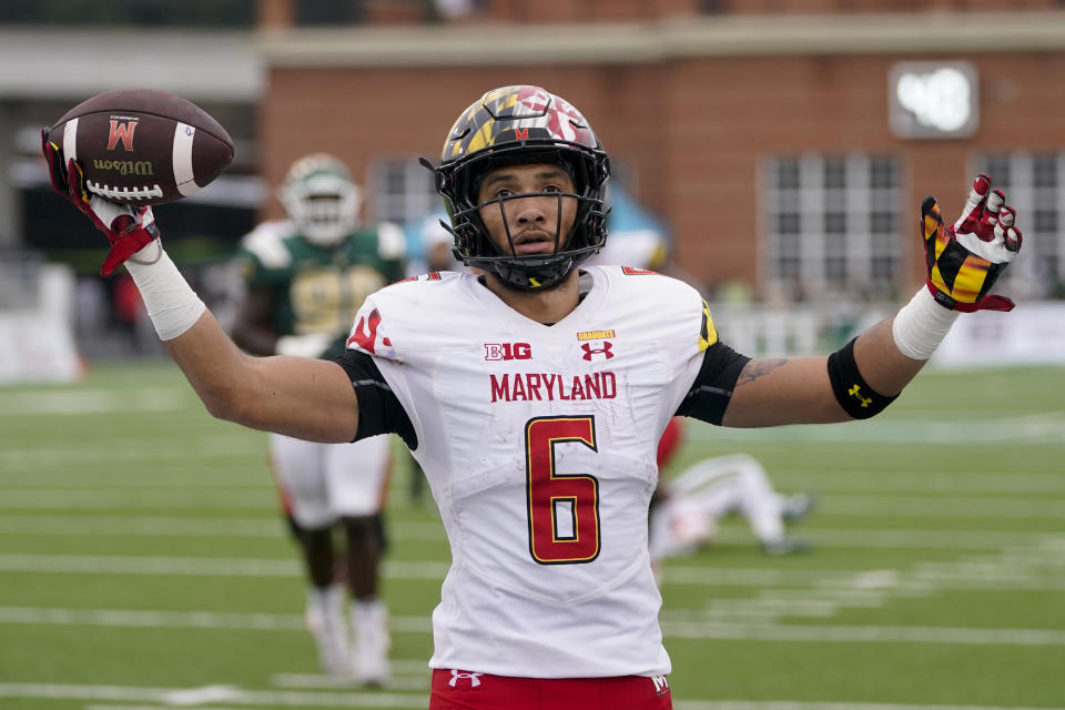 Maryland wide receiver Jeshaun Jones celebrates after scoring during the first half of an NCAA college football game against Charlotte on Saturday, Sept. 10, 2022, in Charlotte, N.C. (AP Photo/Chris Carlson)