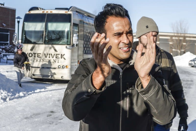 Republican presidential candidate Vivek Ramaswamy arrives to speak at a pre-caucus campaign event at Grimaldi's Pizzeria in Ankeny, Iowa, on Sunday. Photo by Tannen Maury/UPI