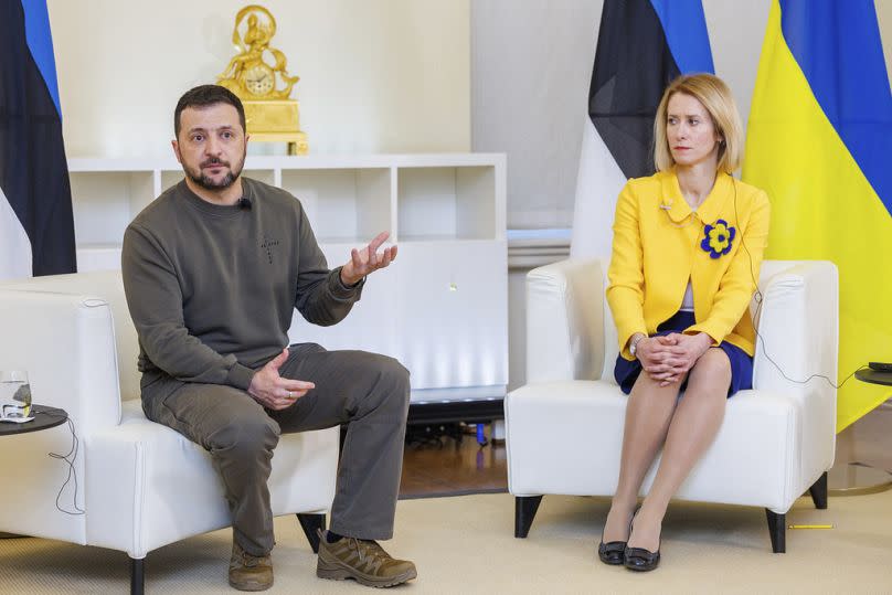 Estonia's Prime Minister Kaja Kallas, right, and Ukrainian President Volodymyr Zelenskyy attend a joint news conference in Stenbock House, Tallinn, Estonia, 2024.