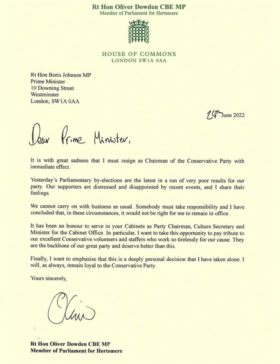 The letter sent by Oliver Dowden to Boris Johnson (Oliver Dowden/PA) (PA Media)