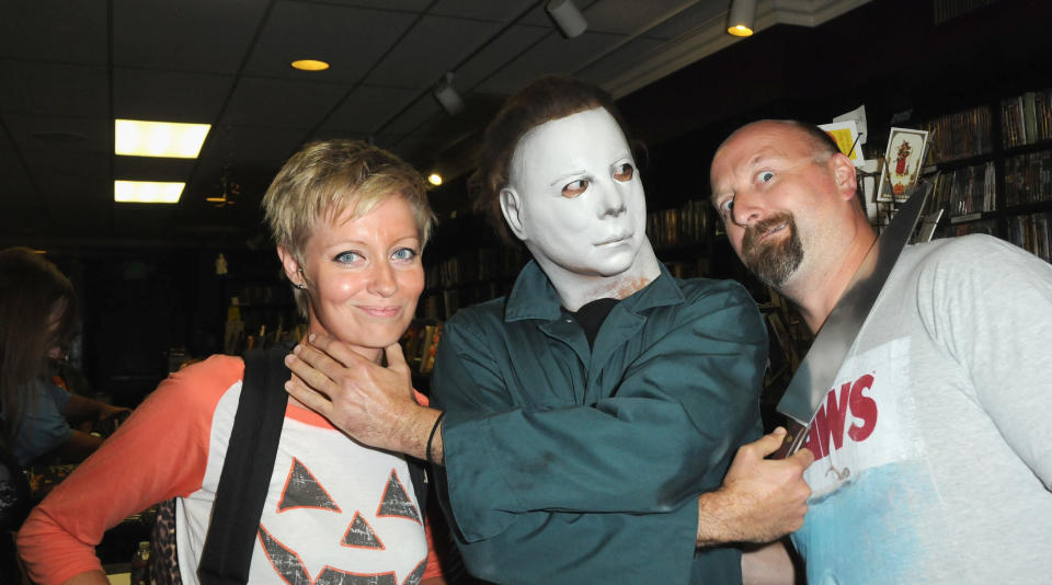 Writer/director Axelle Carolyn and director Neil Marshall at the signing for the "Halloween" Blu-Ray collection on September 23, 2014. (Photo by Albert L. Ortega/Getty Images)