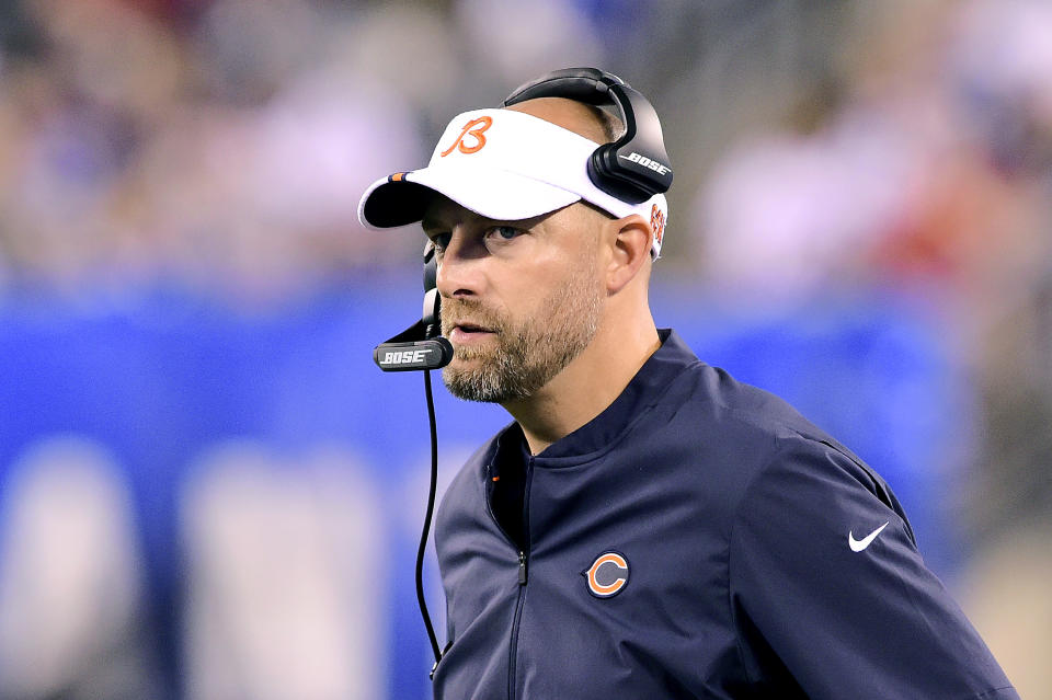 EAST RUTHERFORD, NEW JERSEY - AUGUST 16:  Head coach Matt Nagy of the Chicago Bears looks on against the New York Giants during a preseason game at MetLife Stadium on August 16, 2019 in East Rutherford, New Jersey. (Photo by Steven Ryan/Getty Images)