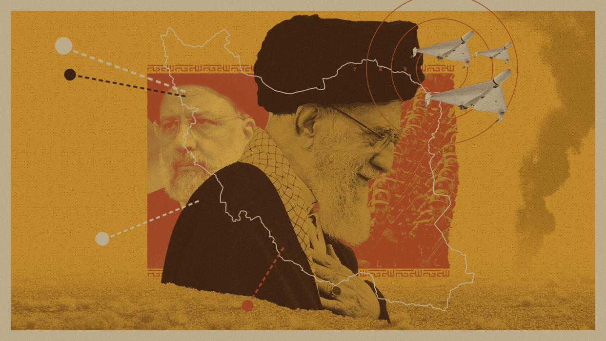  Photo composite of Iran's President Ebrahim Raisi, Supreme Leader Ali Khamenei, the Islamic Revolutionary Guard Corps and Shahed drones. 