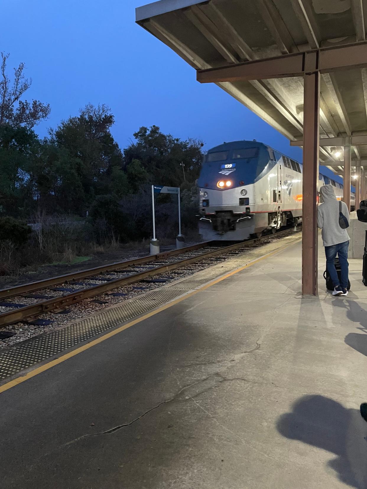 Amtrak train pulling into the Savannah, Georgia, station.