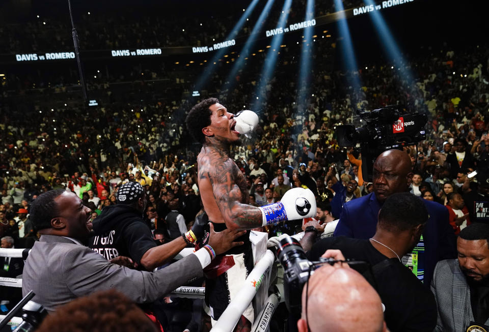 Gervonta Davis celebrates after defeating Rolando Romero during the sixth round of a WBA lightweight championship boxing bout early Sunday, May 29, 2022, in New York. (AP Photo/Frank Franklin II)