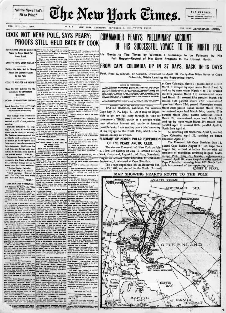 The New York Times front page exposes physician and explorer Frederick Cooks' fraudulent claims to have reached the North Pole ahead naval commander, explorer, and fellow American Robert E Peary.<span class="copyright">Hulton Archive-Getty Images</span>