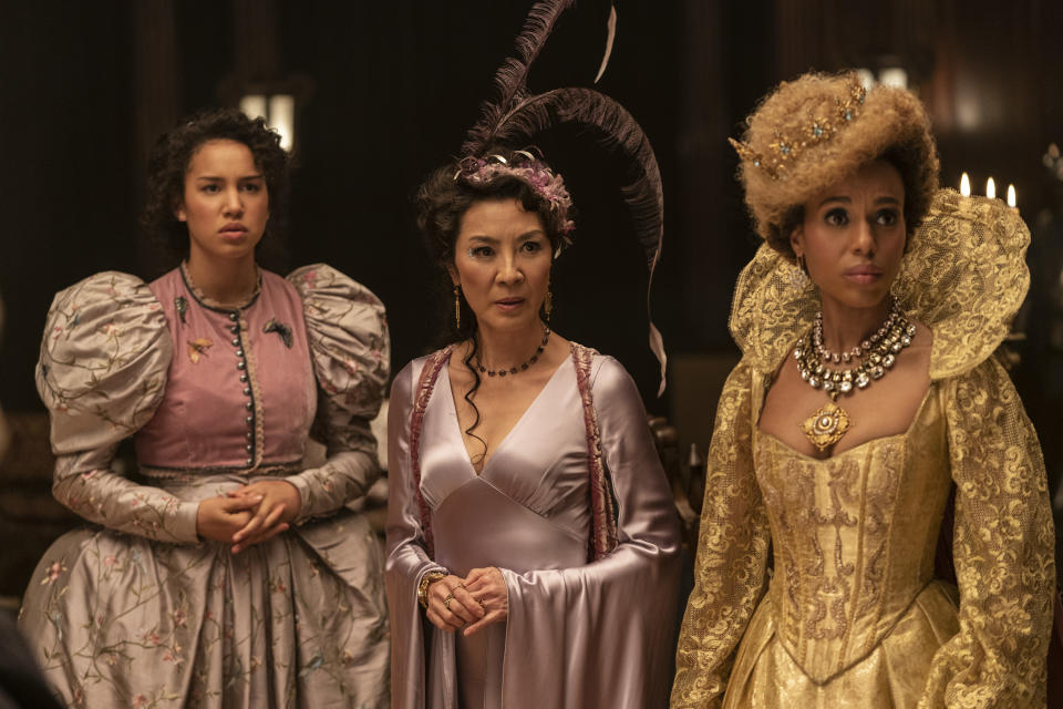 (L to R) Sofia Wylie as Agatha, Michelle Yeoh as Professor Anemone and Kerry Washington as Professor Dovey in The School For Good And Evil. (Gilles Mingasson / Netflix)