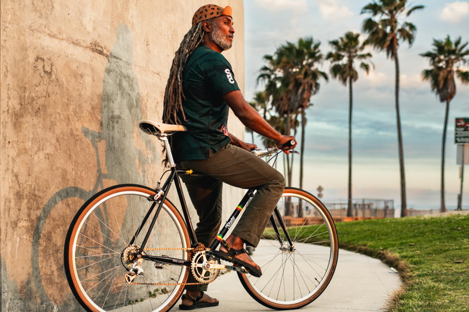 State Bicycle Co. x Bob Marley clothing on bike