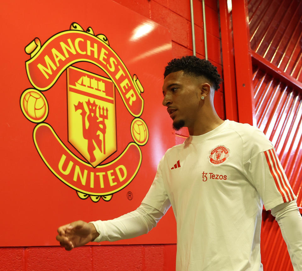 Jadon Sancho of Manchester United arrives ahead of the English Premier League match against Nottingham Forest.