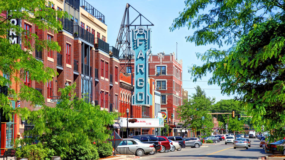 Fargo, North Dakota, USA - June 12, 2017: Daytime view of the Fargo Theatre along Broadway N in the Downtown Historic District.