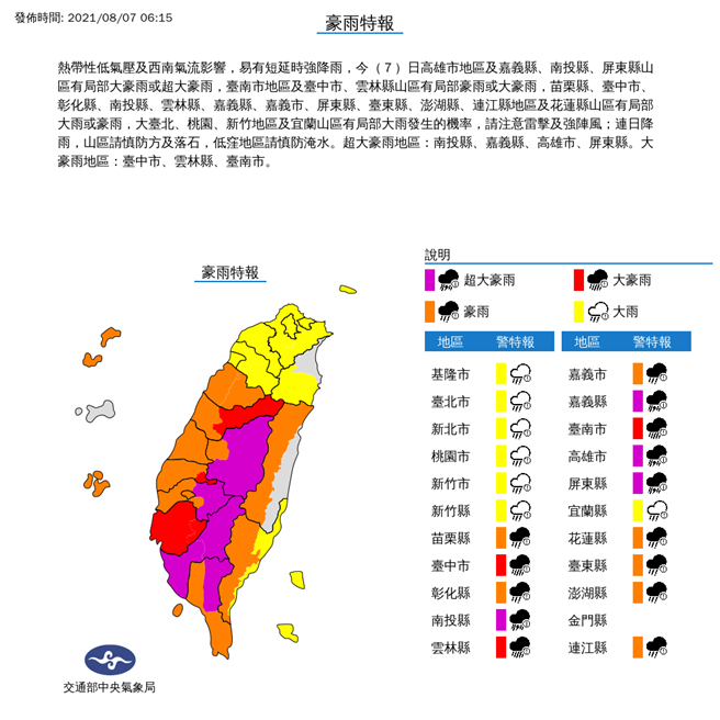 豪雨特報。（圖取自氣象局網頁）