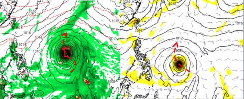 最新(10日20時)美國模式(GFS)模擬是「大型」颱風，3、4天後在關島西方海面緩慢向北迴轉（左）。歐洲(ECMWF)模式模擬則是「普通大小」的颱風，其5天後在菲律賓東方、帛琉北方海面逐漸向北迴轉（右）。（圖／擷自Tropical tidbits）