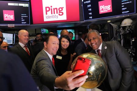 Ping CEO Andre Durand celebrates the IPO of Ping on the floor of the New York Stock Exchange in New York