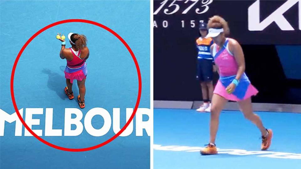Naomi Osaka (pictured right) stepping over the 'Melbourne' sign i Rod Laver Arena and (pictured left) choosing the tennis balls.