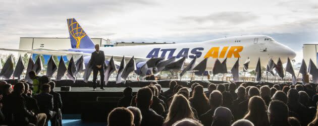 Atlas Air CEO John Dietrich speaks at a ceremony with the last Boeing 747 behind him. (Boeing Photo)