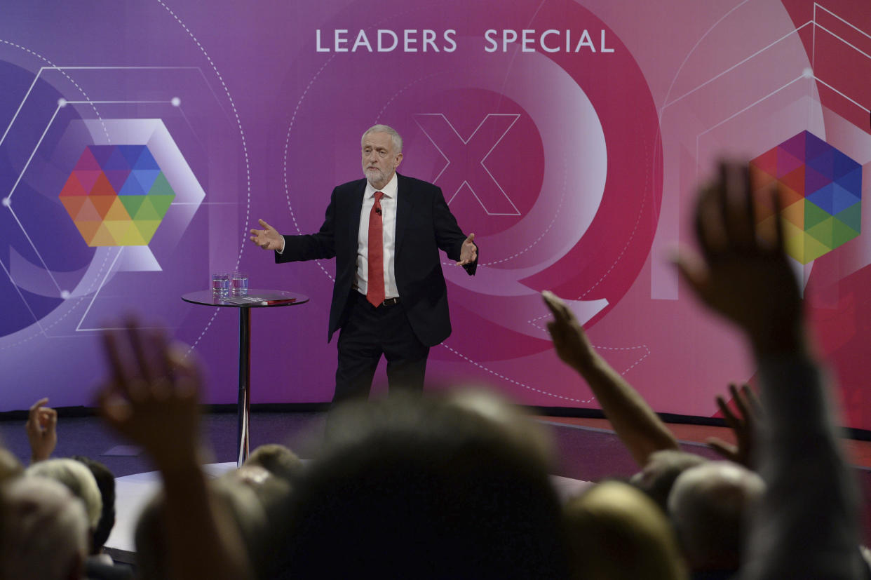 Britain's Labour leader Jeremy Corbyn takes part in BBC1's Question Time Leaders Special from the campus of the University of York, in York, England, Friday, June 2, 2017. (Stefan Rousseau/PA via AP)