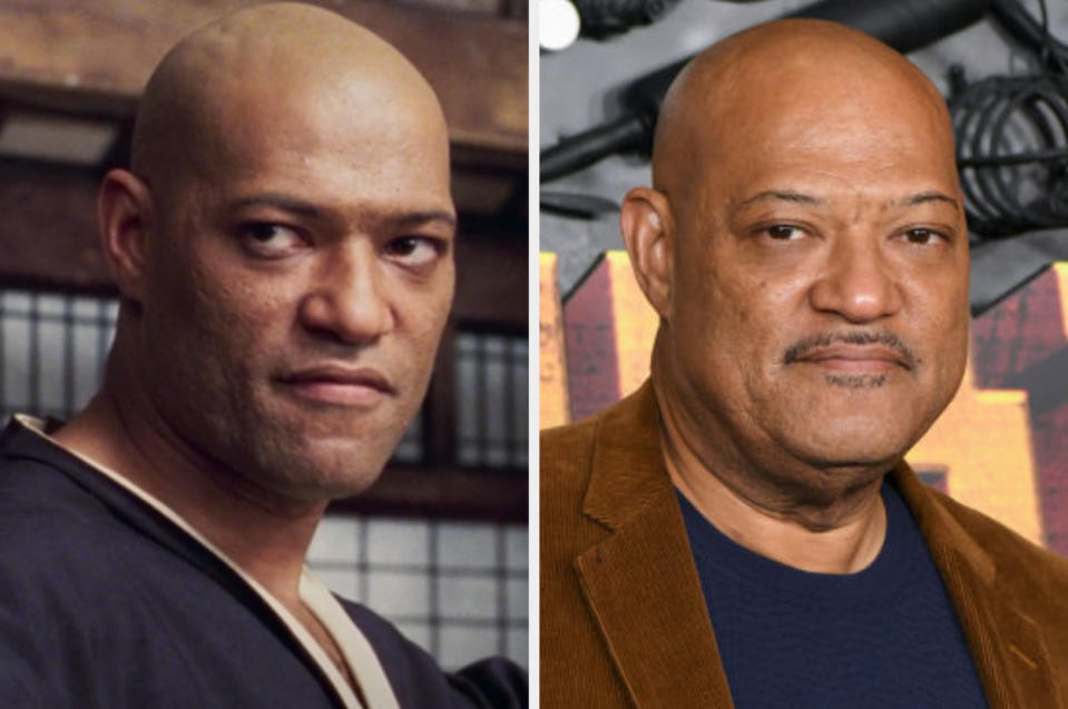 Laurence Fishburne as Morpheus in 1999 and Laurence Fishburne now on the Red Carpet with a thin mustache, but the same bald hed