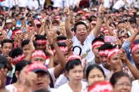 People who support the amending of MyanmarÕs constitution gather at a rally in Yangon