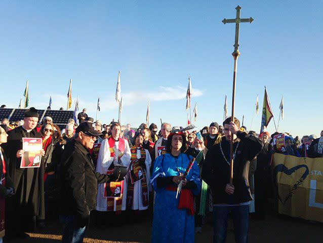 Members of the clergy join protesters against the Dakota Access oil pipeline. Source: AP