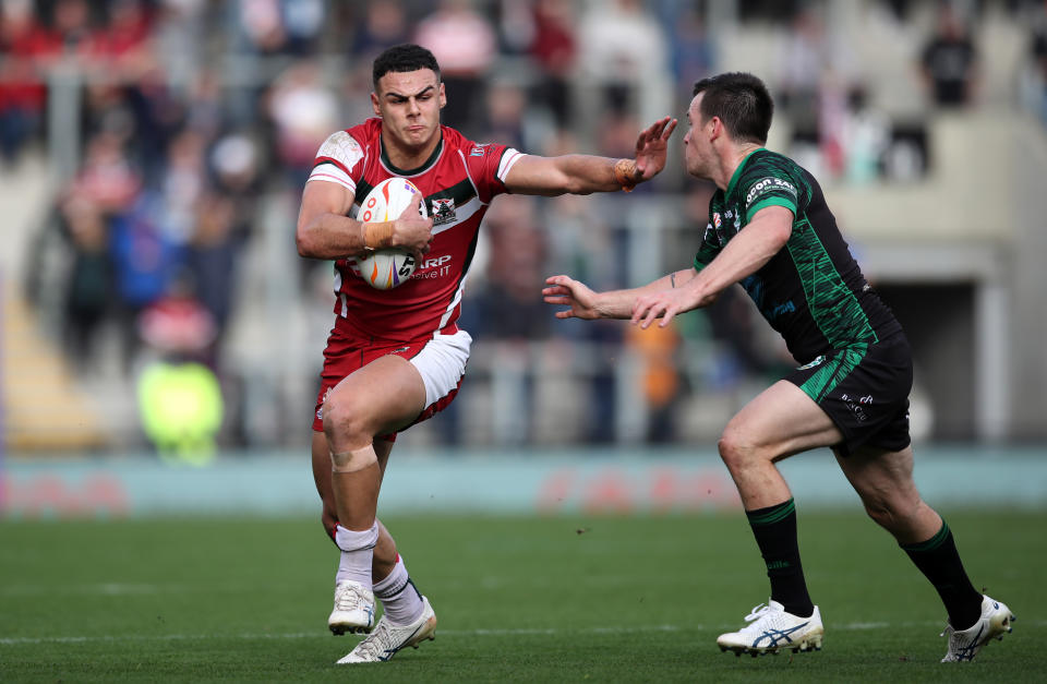 Seen here, Jacob Kiraz runs the footy during Lebanon's Rugby League World Cup victory over Ireland. 