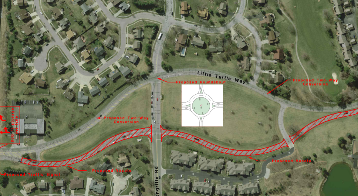 The city of Columbus is proposing to eliminate the northbound-only entrance section of Little Turtle Way (seen in red lines at bottom of this map) and convert the southbound-only exit section of Little Turtle Way into a two-way roadway. A roundabout would be added at the intersection of Little Turtle Way southbound and Longrifle Road as shown. The city says the move is for safety purposes and will include the addition of pedestrian and bike paths. But residents have filed a lawsuit alleging that the plan is really intended to make the green space where the traffic circle drawing is sitting and the land where the northbound roadway now sits available for a developer to construct a condo project.