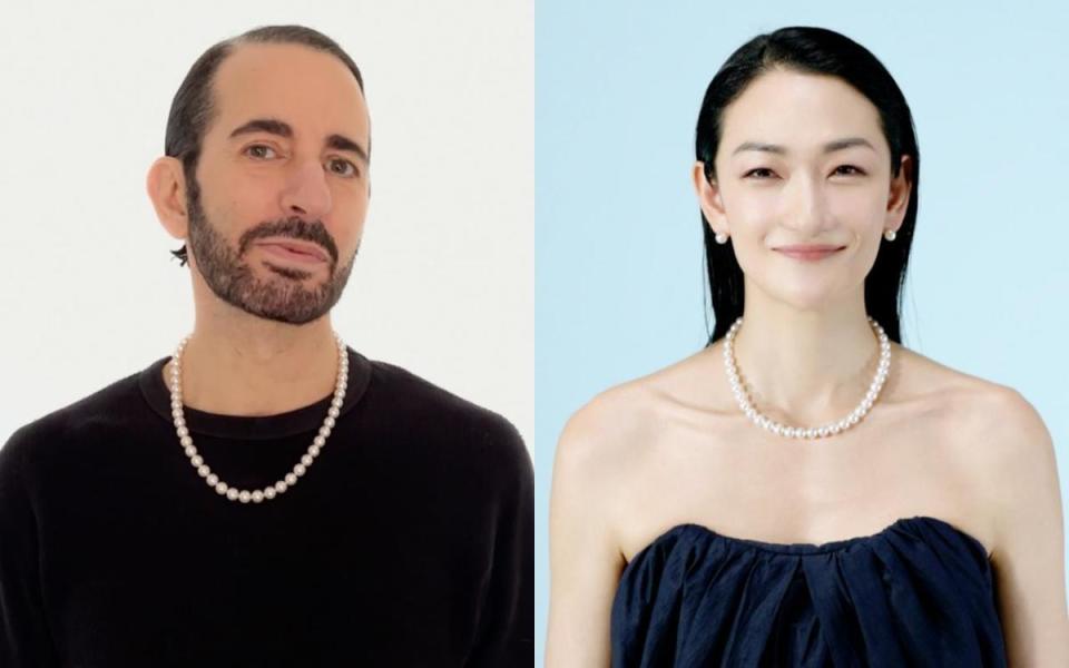 （左起）Marc Jacobs、富永愛皆以珍珠串鍊表達他們對MIKIMOTO的愛。（MIKIMOTO提供）