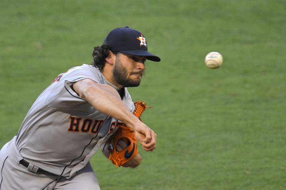 Houston Astros starting pitcher Lance McCullers Jr. throws to the plate during the first inning of a baseball game against the Los Angeles Angels Friday, July 31, 2020, in Anaheim, Calif. (AP Photo/Mark J. Terrill)