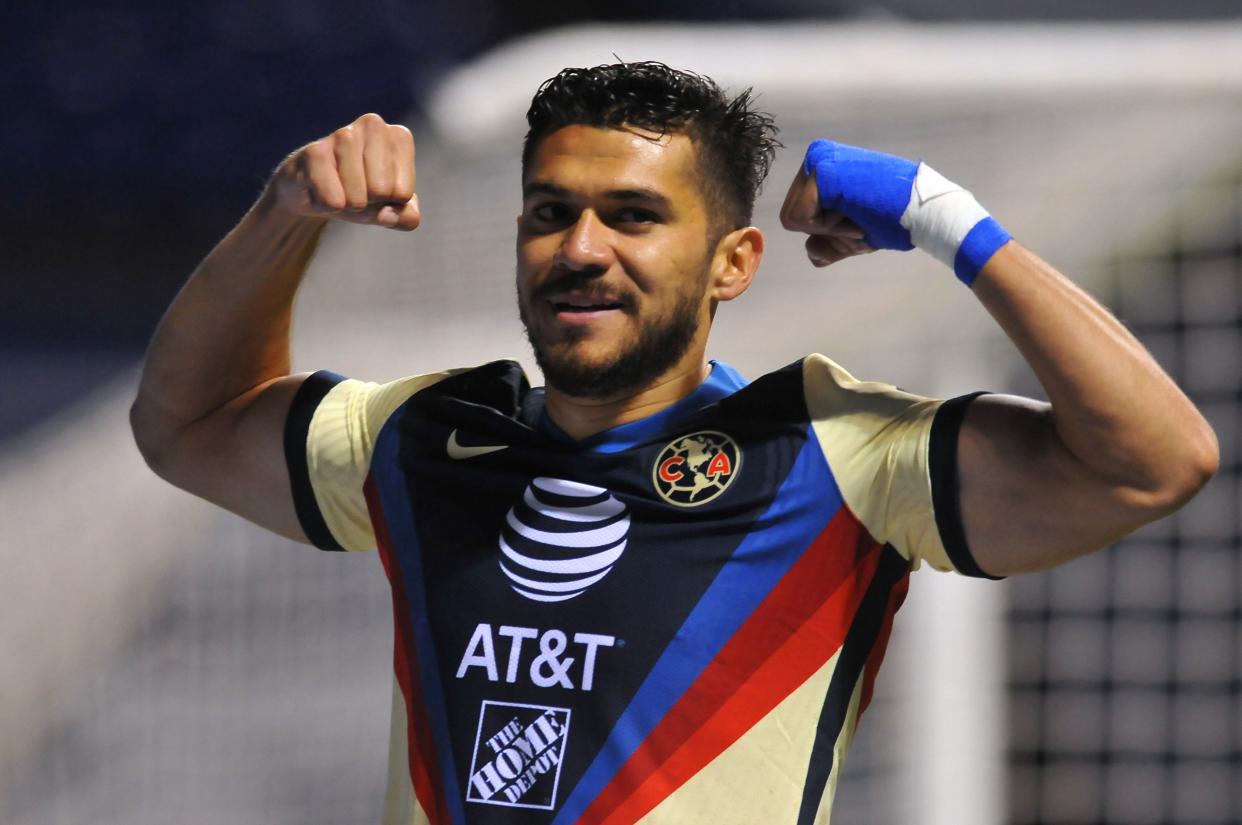 Henry Martin of America celebrates his goal against Puebla  during their Mexican Apertura Guardianes tournament match at Cuauhtemoc stadium in Puebla, Puebla state, Mexico on September 8, 2020, amid the Covid-19 novel coronavirus pandemic. (Photo by VICTOR CRUZ / AFP) (Photo by VICTOR CRUZ/AFP via Getty Images)