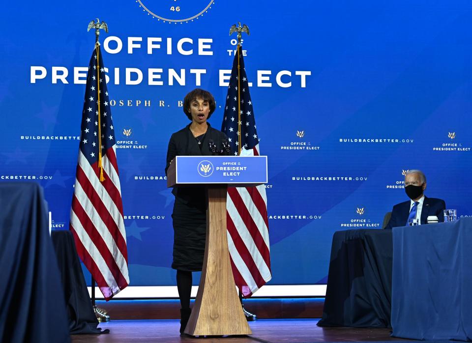 Chair of Council of Economic Advisers nominee Cecilia Rouse speaks after US President-elect Joe Biden (R) announced his economic team at The Queen Theatre in Wilmington, Delaware, on December 1, 2020. (Photo by Chandan KHANNA / AFP) (Photo by CHANDAN KHANNA/AFP via Getty Images)