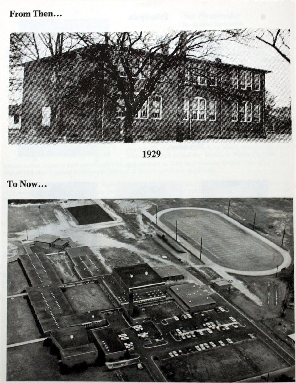This a copy photograph of Orange Street school in 1929 on the top, and a photograph of the then new E.E. Smith High School in a photograph out of a program from 1977. 