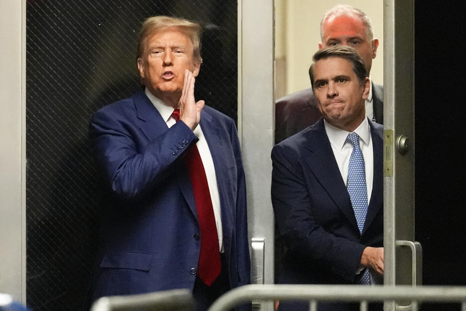 Former President Donald Trump comments as he leaves a pre-trial hearing during a recess with his defense team at court in New York on Monday, March 25, 2024. (AP Photo/Mary Altaffer, Pool)