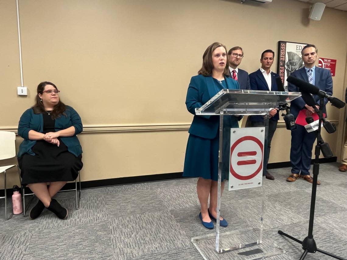 Lisa Sobel, a Jewish mother living in Louisville, has filed a lawsuit against Kentucky Attorney General Daniel Cameron in an effort to overturn the state’s abortion ban, claiming it violates her religious liberty. Jessica Kalb, seated, is also a plaintiff on the case.