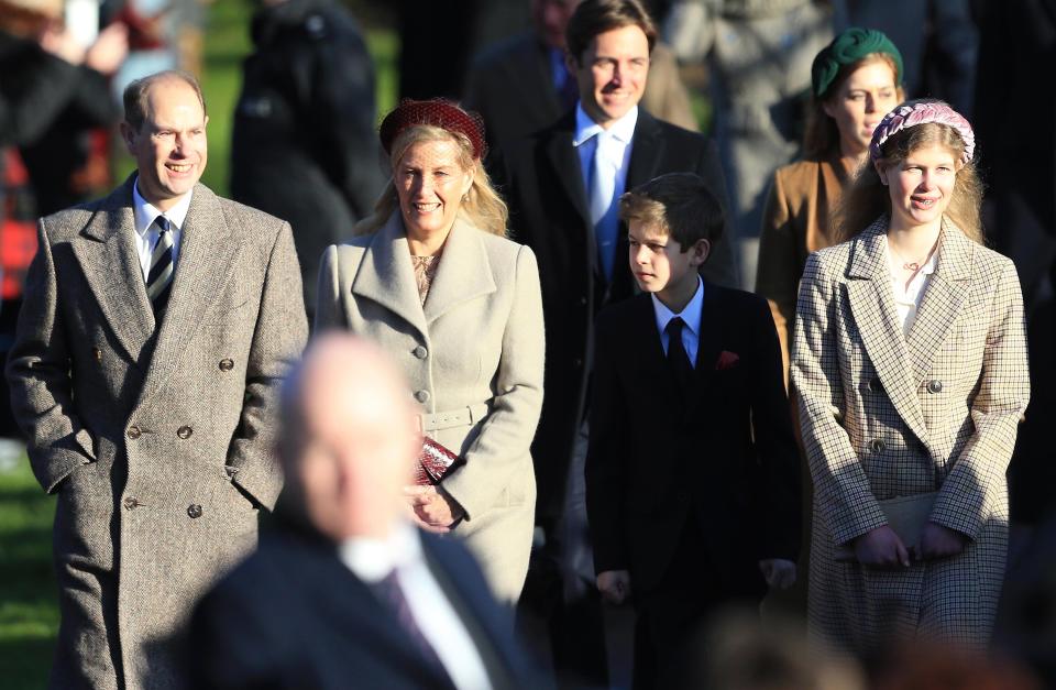 Prince Edward, Earl of Wessex, Sophie, Countess of Wessex, Lady Louise Windsor and James, Viscount Severn attend the Christmas Day Church service at Church of St Mary Magdalene on the Sandringham estate on December 25, 2019 in King's Lynn, United Kingdom. | Stephen Pond—Getty Images