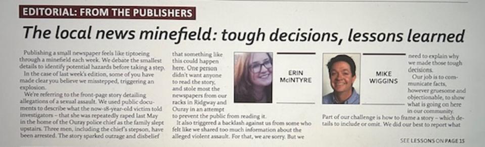 The 25 January edition of the weekly Ouray County Plaindealer included an editorial addressing the theft of papers from newsstands the previous week – and criticism the publication weathered (Sheila Flynn)