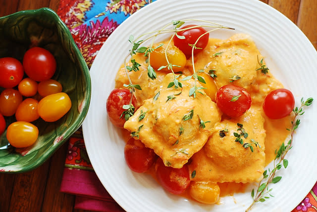 Ravioli with Spinach and Ricotta Cheese Filling in Tomato Cream Sauce