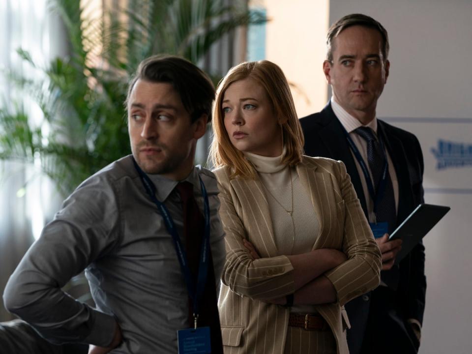 Kieran Culkin, Sarah Snook and Matthew Macfadyen as Roman, Shiv, and Tom in season three of ‘Succession’ (Sky/HBO)