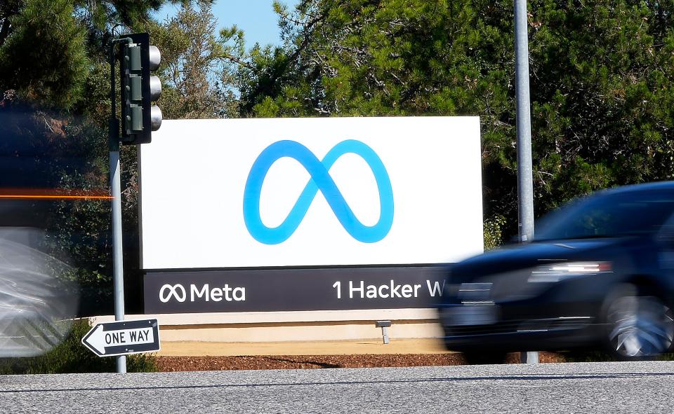 Facebook unveiled their new Meta sign at the company headquarters in Menlo Park, Calif., on Oct. 28, 2021.