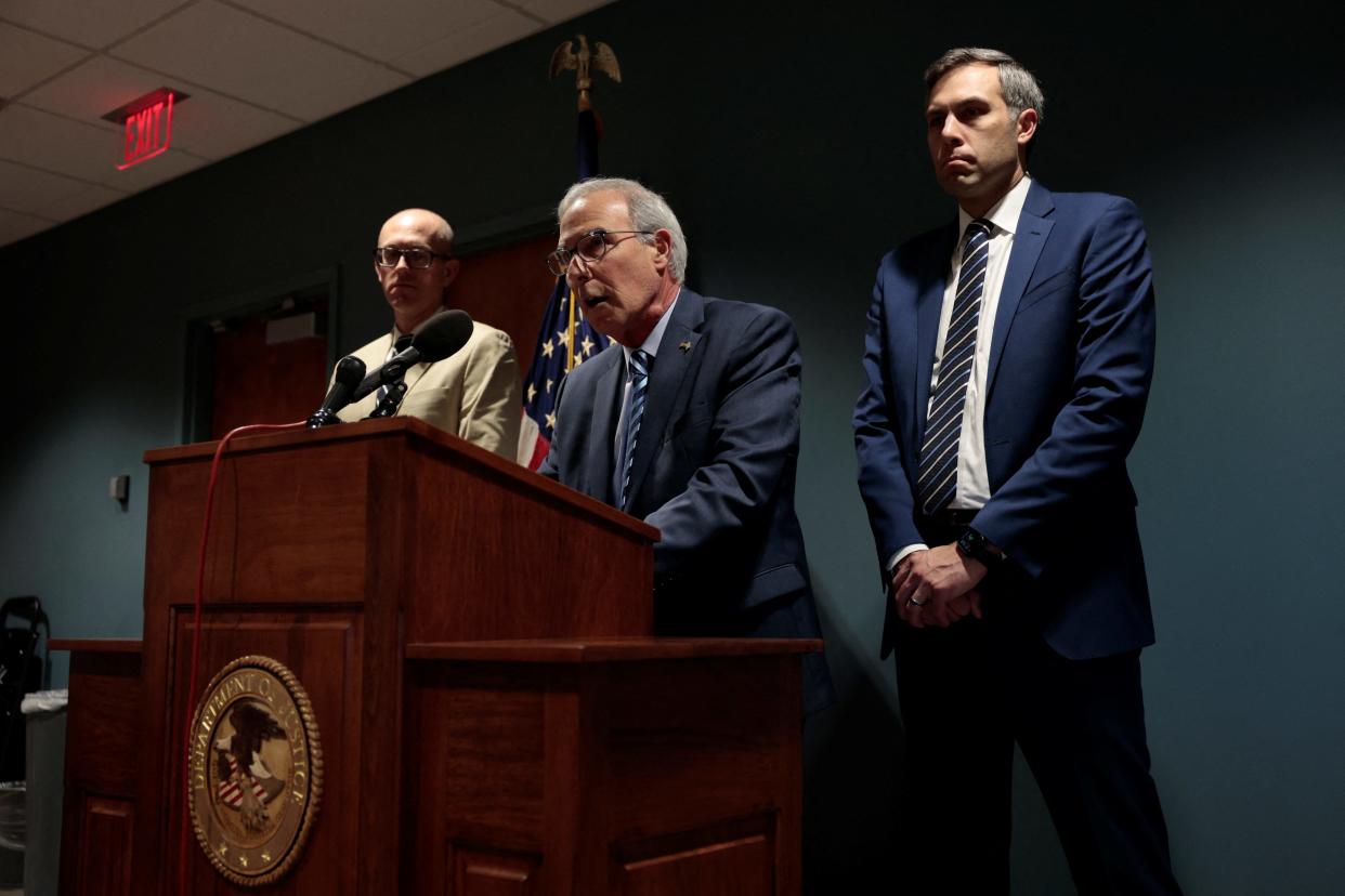 Justice Department special counsel David Weiss speaks to the media during a news conference next to prosecutors Leo Wise and Derek Hines after the jury finds Hunter Biden guilty on all three counts in his trial on criminal gun charges, in Wilmington, Delaware, on June 11, 2024.