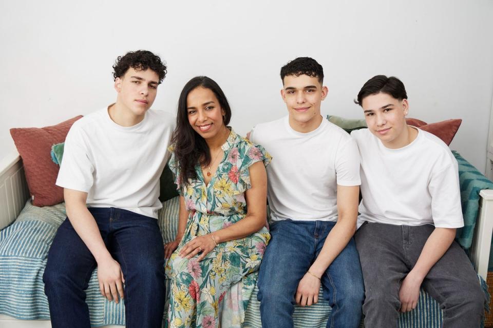 Hussain and her sons Noah, 18, Ezra, 16 and Ruben, 14 at their home in Tonbridge, Kent (Matt Writtle)