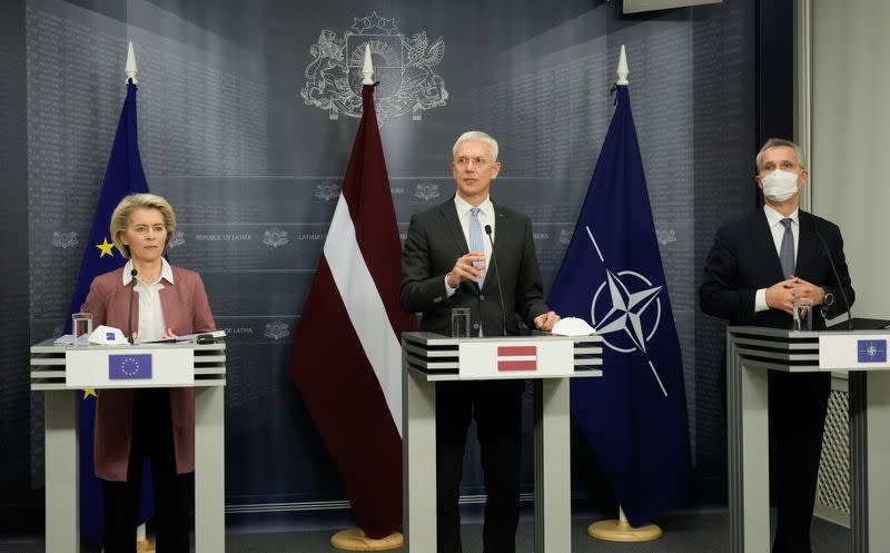 NATO Secretary General Stoltenberg, EC President von der Leyen and Latvia's PM Karins meet in Riga