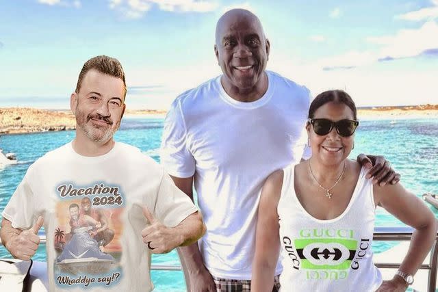 <p>Jimmy Kimmel/Instagram</p> Jimmy Kimmel photoshopped into Magic Johnson's family vacation photo