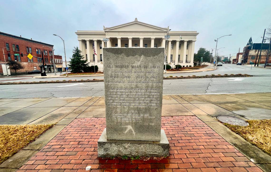 Rodney Davis memorial in Rosa Parks Square across from Macon City Hall. Davis was awarded the Medal of Honor after jumping on a grenade to save members of his platoon in Vietnam.