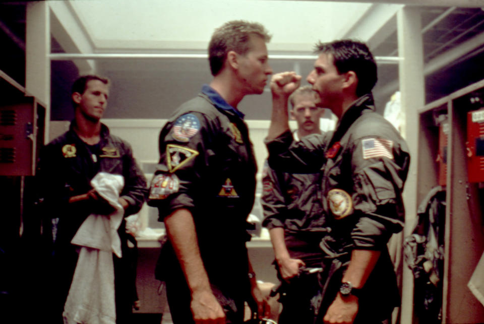 from left to right: Rick Rossovich, Val Kilmer, Edwards and Cruise in a scene from 'Top Gun' (Photo: ©Paramount/Courtesy Everett Collection)