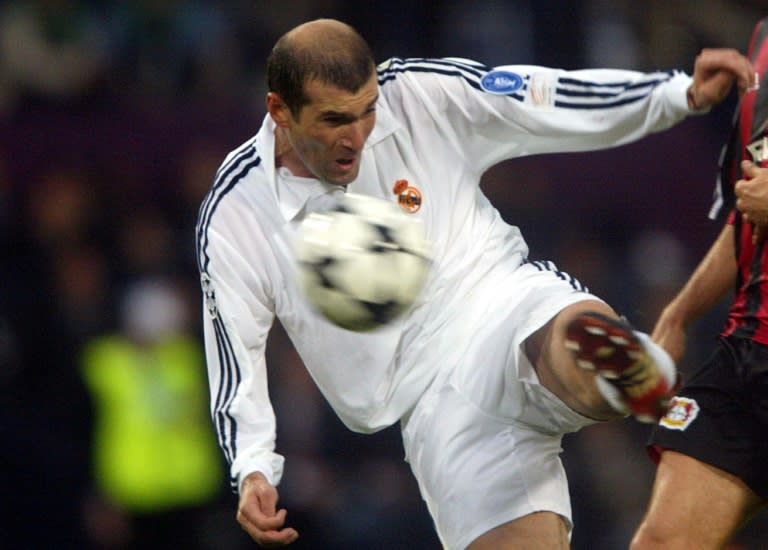 Real Madrid's Zinedine Zidane shoots to score during the Champions League final against Bayern Leverkusen in May 2002 in Glasgow