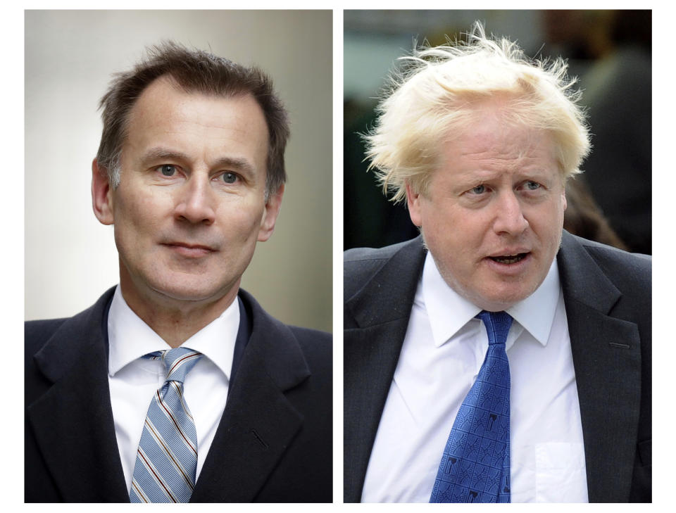 ARCHIVO - La combo de dos fotos de archivo muestra a Jeremy Hunt, izquierda, y Boris Johnson, quienes contenderán por el liderato del Partido Conservador y el puesto de primer ministro de Gran Bretaña. (AP Foto FILE/Matt Dunham, Frank Augstein)