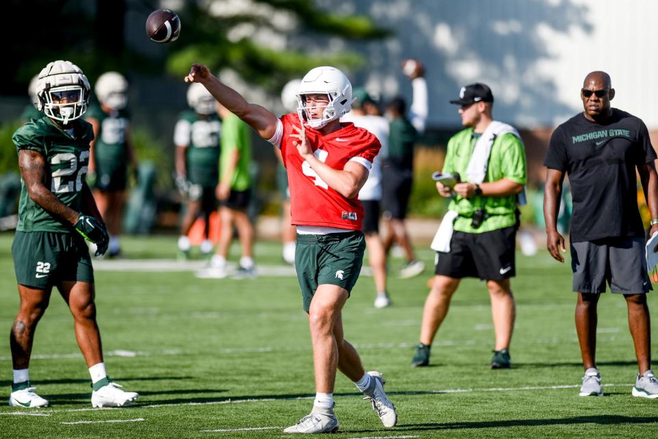 Michigan State's Sam Leavitt throws a pass during the opening day of MSU's football fall camp on Thursday, Aug. 3, 2023, in East Lansing.