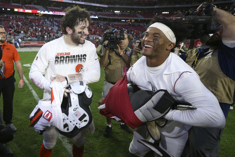 Arizona Cardinals quarterback Kyler Murray, right, greets Cleveland Browns quarterback Baker Mayfield after an NFL football game, Sunday, Dec. 15, 2019, in Glendale, Ariz. The Cardinals won 38-24. (AP Photo/Ross D. Franklin)